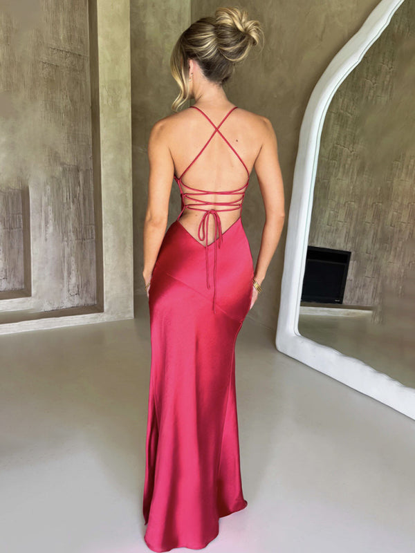 Women's suspender V-neck satin slit sexy backless long dress