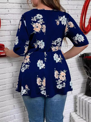 Plus size women's new printed V-neck lace shirt