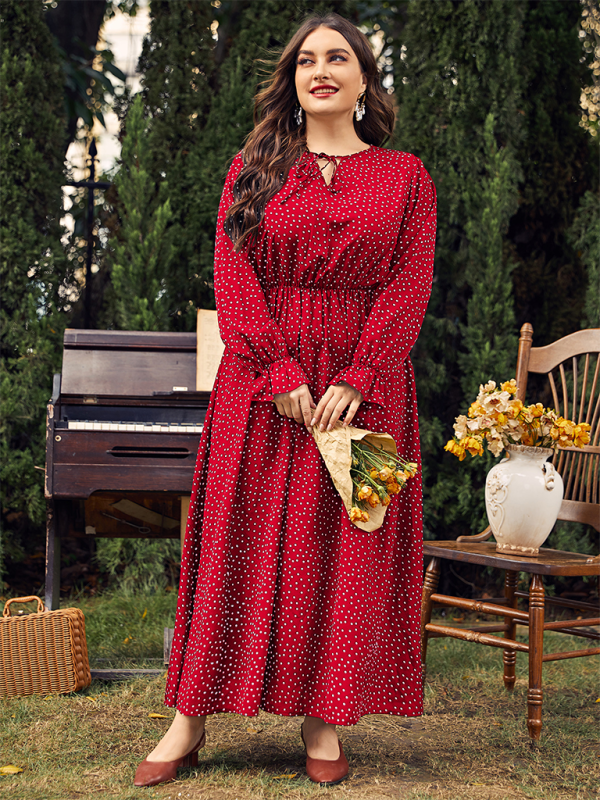 Plus size women's new polka-dot loose long-sleeved dress